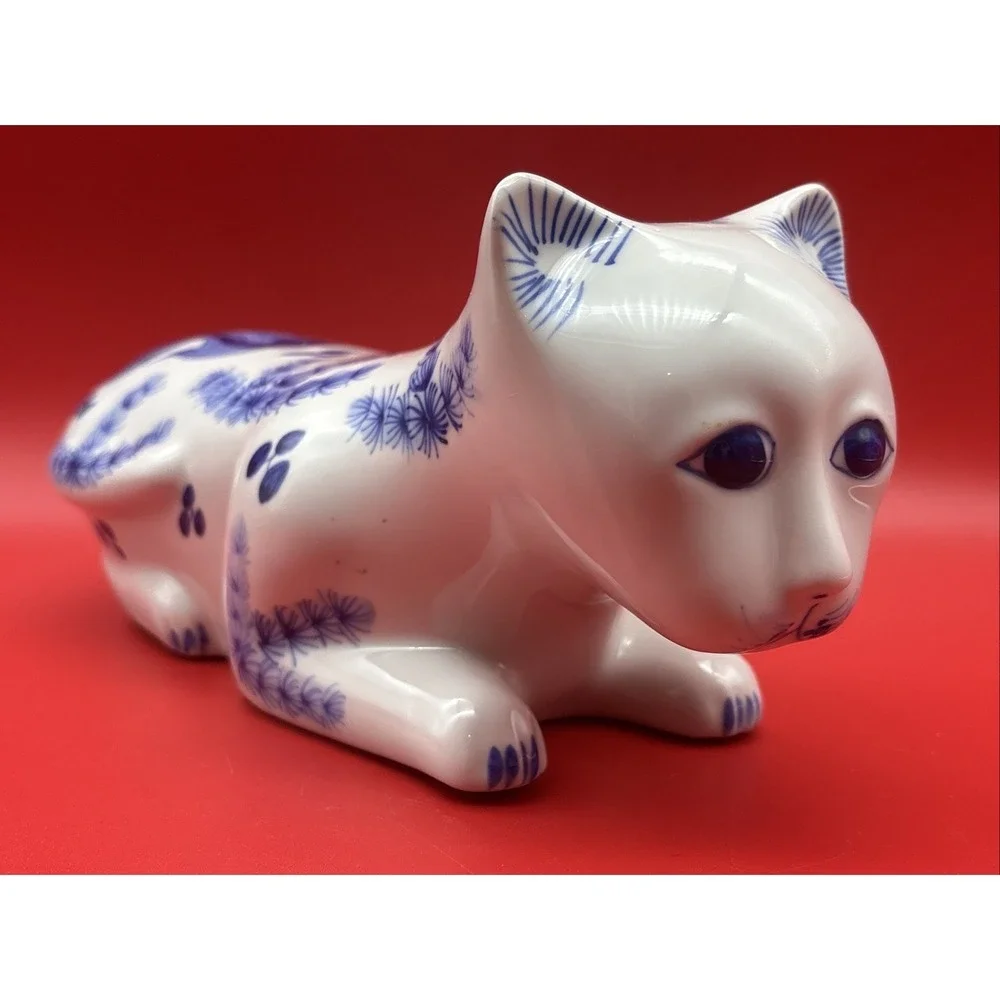 Large Blue & White Ceramic Cat Figurine With Carps Decoration Hand Painted 12